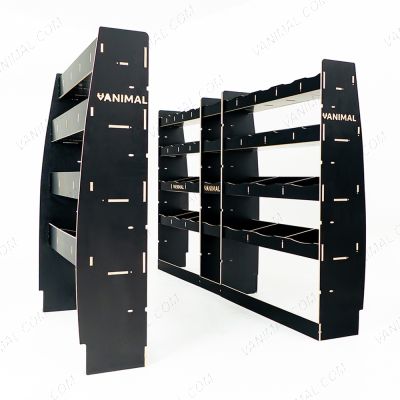 Full hexaboard L3 van racking setup for Nissan Interstar 2025 with front unit, middle infill and rear compartments