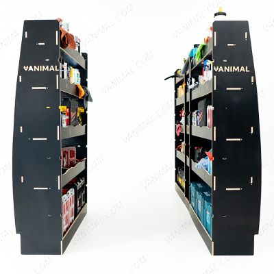 Nissan Interstar 2025 modular hexaboard racking with front shelving, 8‑compartment middle infill and twin rear shelves