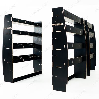 Professional hexaboard van racking configuration for Nissan Interstar 2025 L3 with front and dual rear shelving