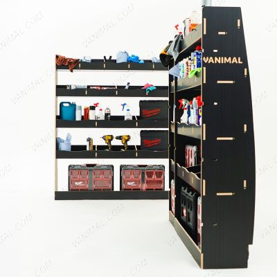 Full hexaboard L3 van racking setup for Nissan Interstar 2025 with 18‑compartment bulkhead and multi‑shelf middle and rear units