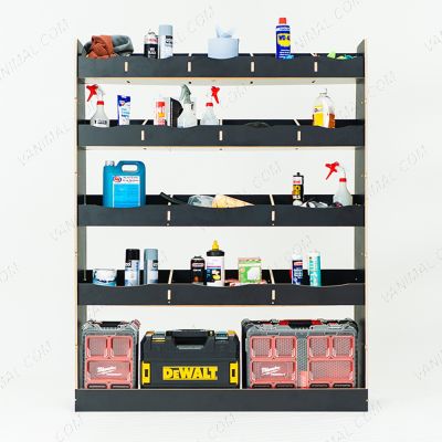 Front view of the Nissan NV400 MWB NS Rear Hexaboard Racking displayed with tools and equipment 