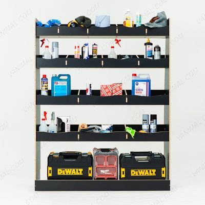 Front view of the Nissan NV400 MWB OS Rear Hexaboard Racking displayed with tools and equipment 