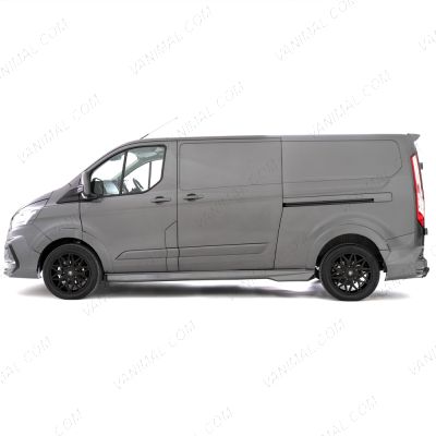 Side van view of the Ford Transit Custom fitted with Matte Black Viper Alloys
