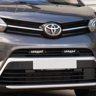 Close-up view of the Lazer Lampz Linear-6 Elite LED Light Bar Bumper Integration Kit fitted on the Toyota Proace (2016-2023) 