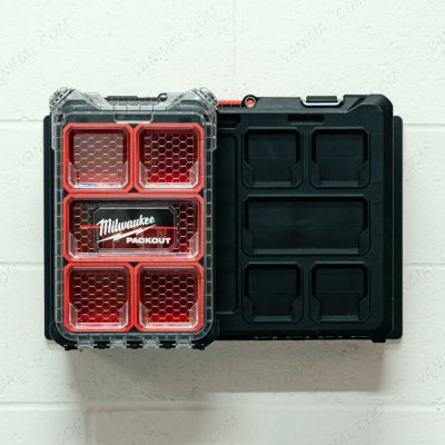 Front view of the Milwaukee PackOut Wall-Mount Shelf - displayed with toolboxes