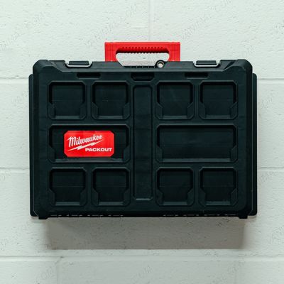 Front view of the Milwaukee PackOut Wall-Mount Shelf - displayed with toolbox