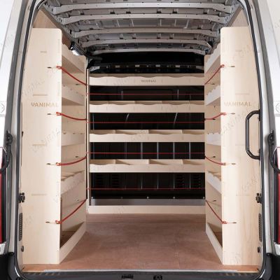Rear van view of Renault Master 2010-2024 MWB L2 Double Rear and Full-Width Bulkhead Ply Racking (Triple Pack)