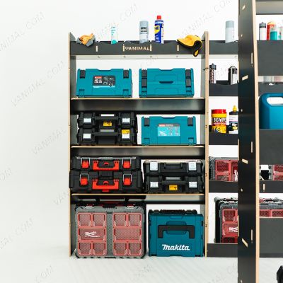 Side van view of the Citroen Relay 2006- SWB Hexaboard Triple Van Racking with x3 Toolbox Shelves displayed with tools and equipment 