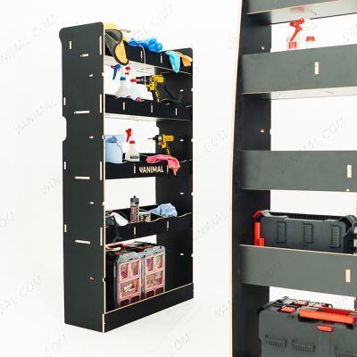 Close-up side van view of the Citroen Relay 2006- SWB Hexaboard Double Rear and Bulkhead Racking displayed with tools and toolboxes