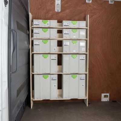 Side van door view of Nissan Interstar 2025- Front Festool Shelving and Racking Unit - boxes displayed on Festool
