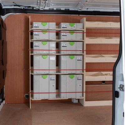 Nissan Interstar 2025- Driver Side Ply Racking with Front Festool Shelving Bungees Attached