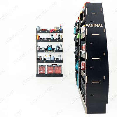 Nissan Interstar 2025 L3 modular hexaboard racking with bulkhead storage, angled toolbox shelves and full driver-side run