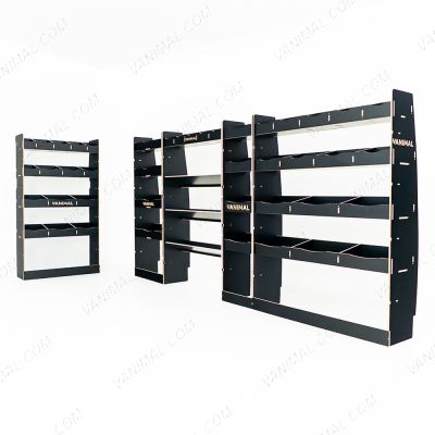 Full hexaboard van racking setup for Nissan Interstar 2025 L3 with bulkhead, toolbox front unit, infill and rear shelving