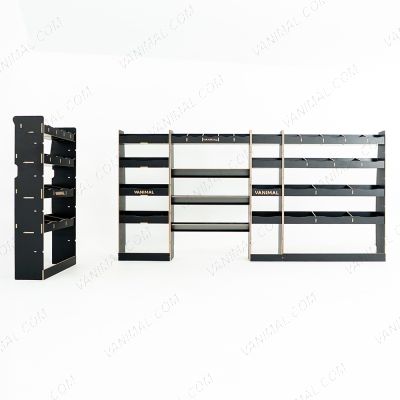 Professional hexaboard van racking configuration for Nissan Interstar 2025 with bulkhead and full driver-side shelving