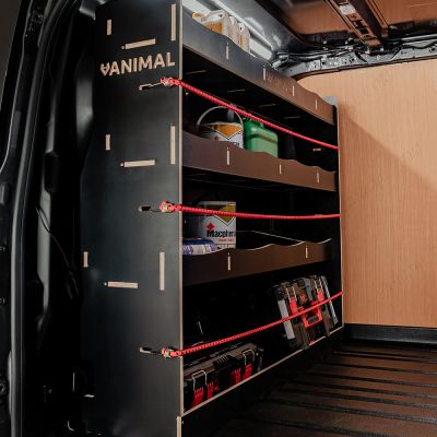 Side van view of the VW Transporter T5 T5.1 SWB Hexaboard Double Rear and Full-Width Bulkhead Racking