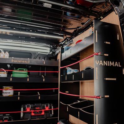 Close-up side panel view of the Vanimal branding and pre-notched for bungee cords
