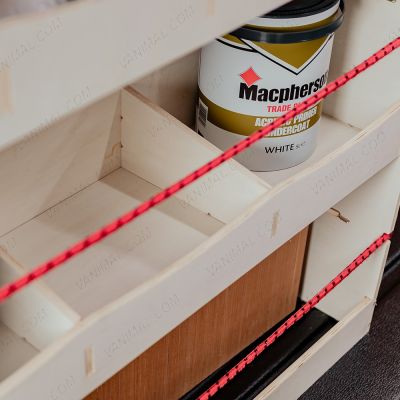 Close-up view of the compartments on the VW Transporter T7 SWB NS Rear Van Racking and Shelving Unit