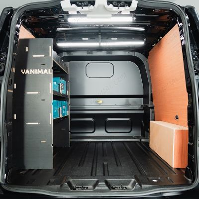 Rear van view of the VW Transporter T7 Kombi LWB NS MakPac Toolbox Hexaboard Van Racking - displayed with Makita boxes
