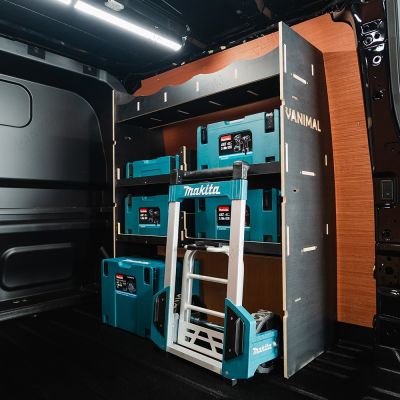 Rear van side angle view of the VW Transporter T7 Kombi LWB OS MakPac Toolbox Hexaboard Van Racking - displayed with makita boxes