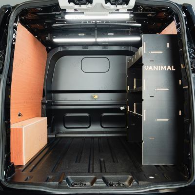 Rear van view of the VW Transporter T7 Kombi LWB OS MakPac Toolbox Hexaboard Van Racking