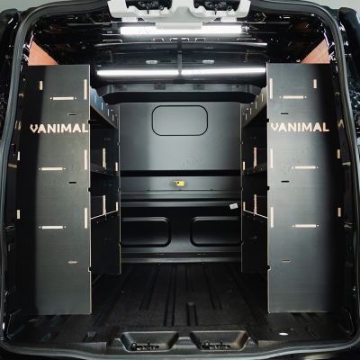 Rear van view of the VW Transporter T7 Kombi LWB Double MakPac Hexaboard Van Racking 