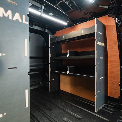 OS rear van view of the VW Transporter T7 Kombi LWB Double MakPac Hexaboard Van Racking 