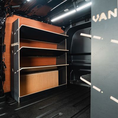 NS rear van side angle view of the VW Transporter T7 Kombi LWB Double Toolbox Hexaboard Van Shelving (Pair)