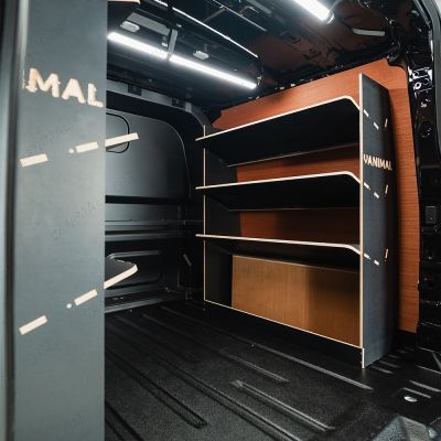 OS rear van side angle view of the VW Transporter T7 Kombi LWB Double Toolbox Hexaboard Van Shelving (Pair)