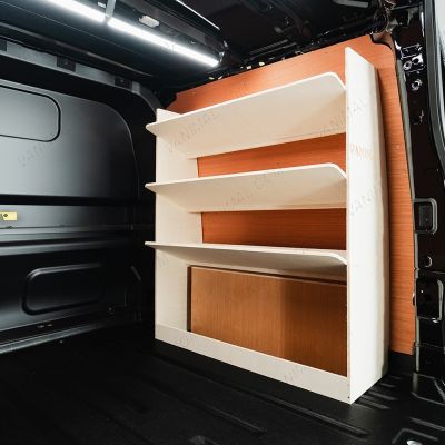 Rear van OS angle view of the VW Transporter T7 Kombi SWB NS & OS Double Toolbox Shelving Racking