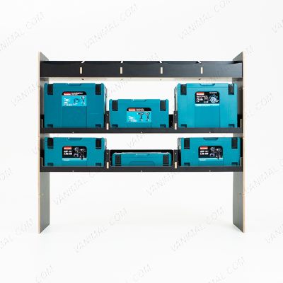 Front view of the VW Transporter T7 LWB Hexaboard NS Rear MakPac/Toolbox Van Racking - displaying makita boxes