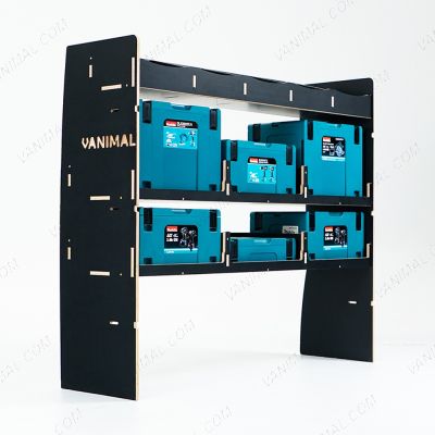 Side angle view of the VW Transporter T7 LWB Hexaboard NS Rear MakPac/Toolbox Van Racking - displaying makita boxes