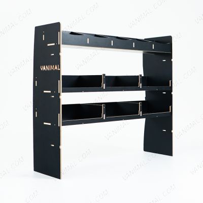 Side angle view of the VW Transporter T7 LWB Hexaboard NS Rear MakPac/Toolbox Van Racking 