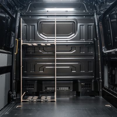 Rear van view of the VW Crafter 2017+ Milwaukee Packout Toolbox Compatible Van Racking - Bulkhead