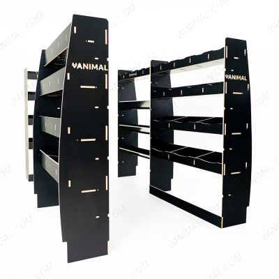 Heavy‑duty hexaboard 4‑module racking for Nissan Interstar 2025 with bulkhead, toolbox shelves and multi‑compartment rear storage