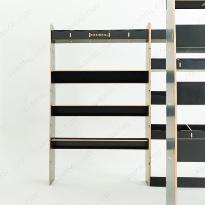 Durable hexaboard modular van racking for Nissan Interstar 2025 with bulkhead, angled shelves and dual rear storage