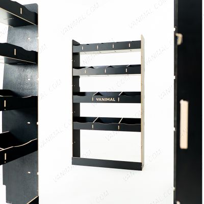 Full‑length hexaboard racking for Nissan Interstar 2025 with bulkhead compartments and front toolbox module