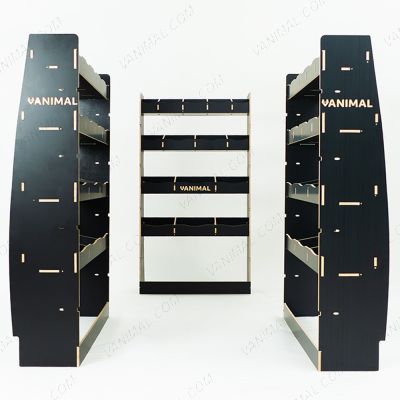 Full hexaboard van racking setup for Nissan Interstar 2025 with bulkhead shelving and double rear compartment units