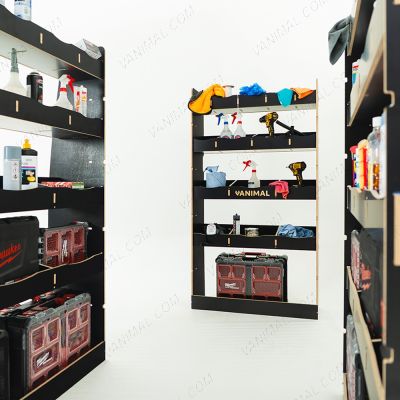 Nissan Interstar 2025 full‑length hexaboard racking system with bulkhead compartments and rear shelving modules