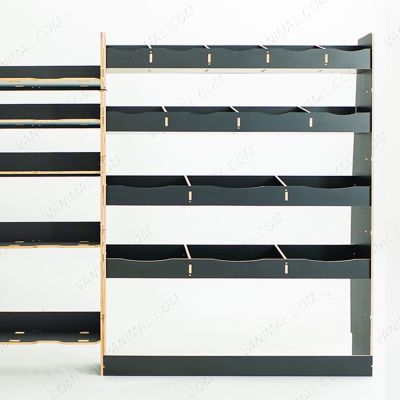 Close-up side van view of the rear section of the Nissan Interstar 2025- Hexaboard Driver Side Van Racking with x5 Festool Systainer Shelves 