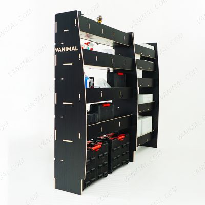 Back view of the Nissan Interstar 2025- Hexaboard Driver Side Van Racking with x5 Festool Systainer Shelves displayed with tools and toolboxes