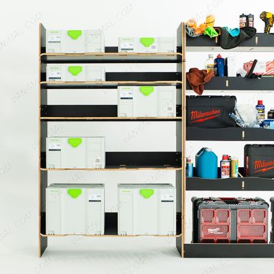 Close-up side van view of the Nissan Interstar 2025- Hexaboard Driver Side Van Racking with x5 Festool Systainer Shelves displayed with tools and toolboxes