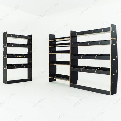 Nissan Interstar 2025 modular hexaboard racking with bulkhead compartments, Festool Systainer shelves and 15‑compartment OS rear unit