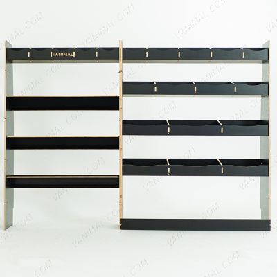 Close-up side van view of the driver section for the Ford Nissan Interstar 2025- LWB Hexaboard Driver Side with Toolbox and Bulkhead (Triple Pack) displayed with tools and toolboxes