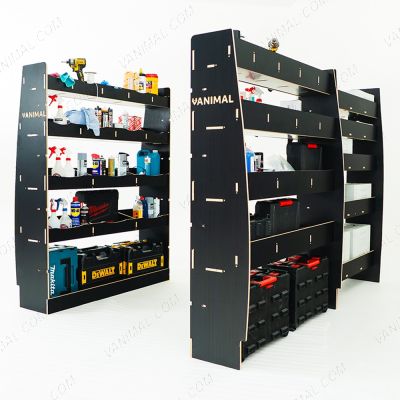 Full hexaboard racking setup for Nissan Interstar 2025 with 5 Festool shelves and twin 15‑compartment rear units