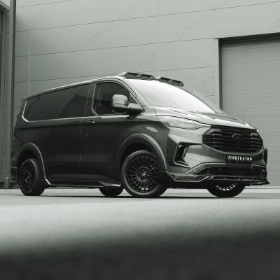 Front side angle view of the Ford Transit Custom 2023- Full Predator Body Kit SWB with Rear Door Spoiler