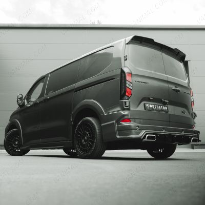 Rear van view of the Ford Transit Custom 2023- Full Predator Body Kit LWB with Rear Door Spoiler