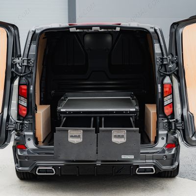 Rear van view of the ProTop Deep Twin Drawer with Sliding Floor displayed with drawers open