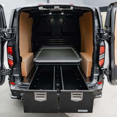 Rear van top angle view of the ProTop Deep Twin Drawer with Sliding Floor displayed with drawers open