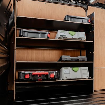 Side van angle view of the Fiat Scudo Hexaboard Front Toolbox Racking with x4 Shelves