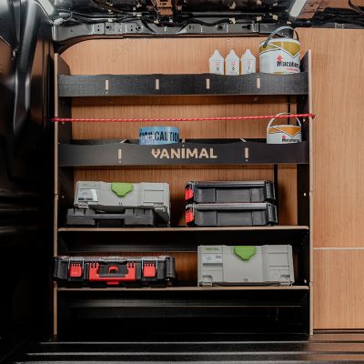 Side van view of the Fiat Scudo Hexaboard Front Toolbox Racking with x2 Shelves